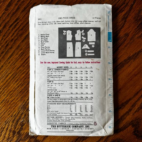 Vintage 1960s Butterick 3851 Sewing Pattern Size M Bodycon Dress COMPLETE - Picture 2 of 2